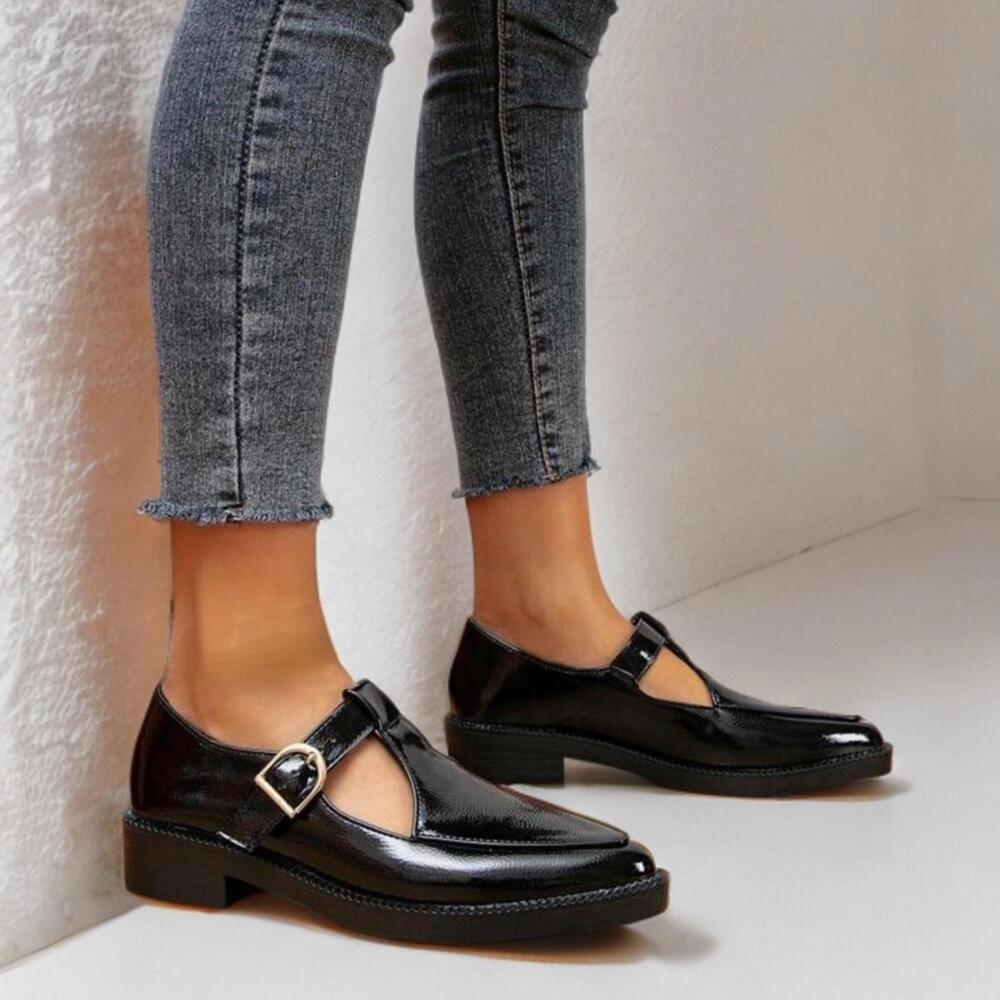 NIB EURO Black Patent Faux Leather Chunky Platform Pointed Toe Mary Jane Shoes - Picture 3 of 7